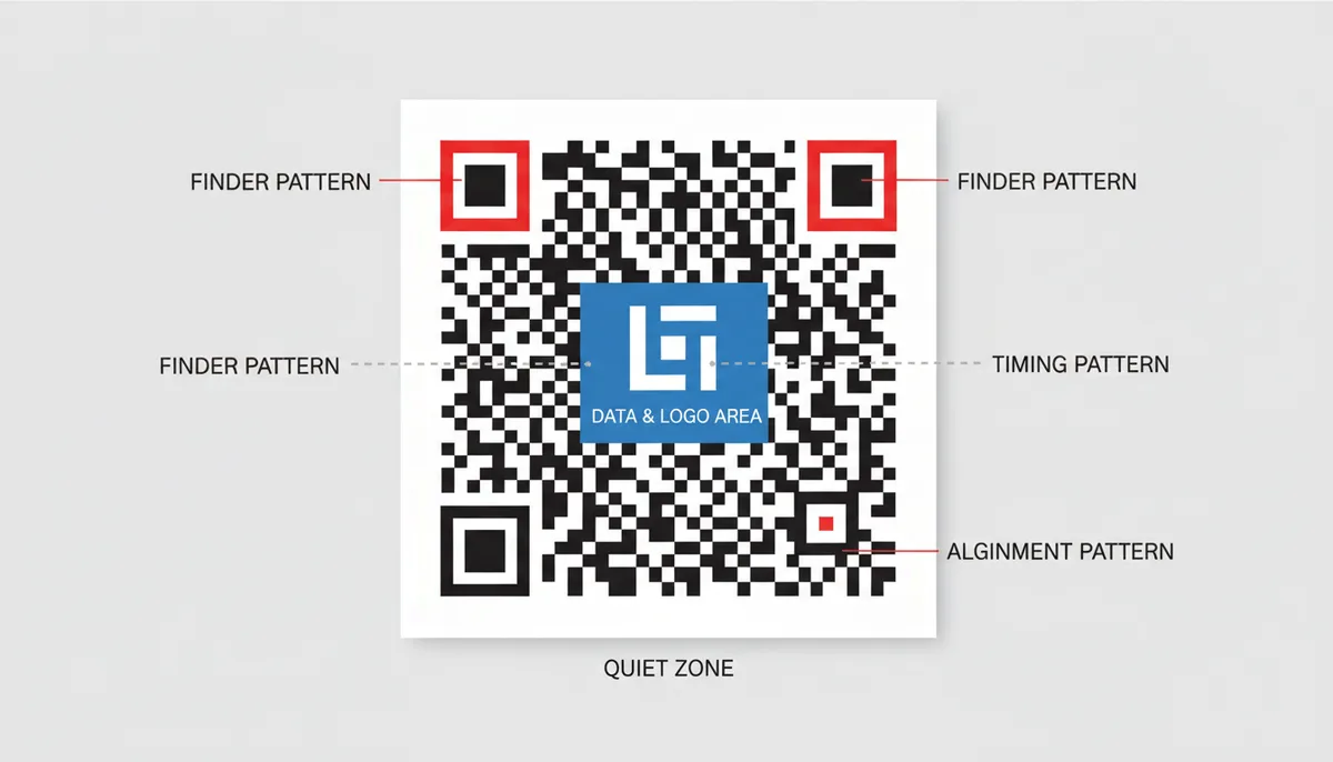 A labeled diagram of a QR code. It highlights the three corner finder patterns in red, the alignment pattern, the timing patterns, the quiet zone, and the central data area in blue where a logo can be placed.