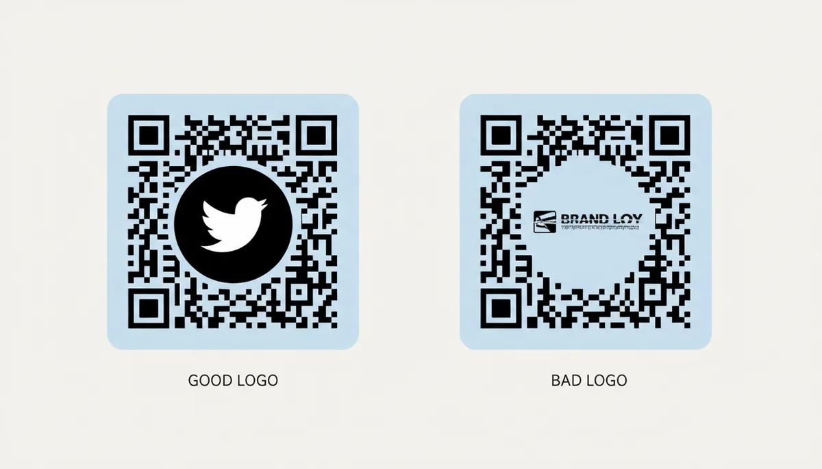 A side-by-side comparison of two QR codes. The left code has a simple, square, high-contrast icon logo in its center. The right code has a complex, wide logo with small, illegible text in its center, illustrating a poor choice for QR code integration.