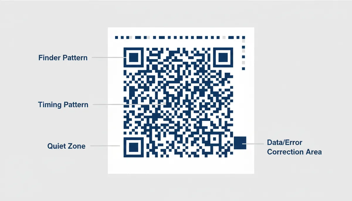 An anatomical diagram of a QR code with labels pointing to the Finder Patterns, Timing Pattern, Alignment Pattern, Quiet Zone, and Data/Error Correction Area.