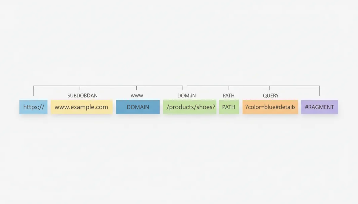 A visual breakdown of the URL 'https://www.example.com/products/shoes?color=blue#details'. The URL is segmented into its components: 'https://' labeled as Protocol, 'www' as Subdomain, 'example.com' as Domain, '/products/shoes' as Path, '?color=blue' as Query String, and '#details' as Fragment. Each segment is highlighted with a different color.
