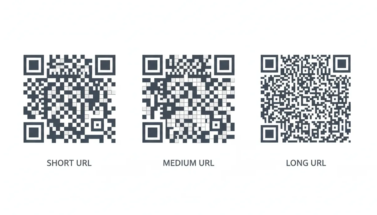 A visual comparison of three QR codes. All three are the same physical size. The first QR code, representing a short URL, has a simple, sparse pattern. The second, for a medium URL, has a denser pattern. The third, for a long URL, has a very dense and intricate pattern with noticeably smaller individual squares (modules), illustrating how longer URLs increase QR code complexity.
