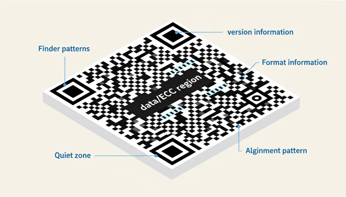 An annotated diagram of a QR code, highlighting its key structural components. Labels point to the three corner finder patterns, the alignment pattern, timing patterns, format information, version information, the central data/ECC region, and the surrounding quiet zone.