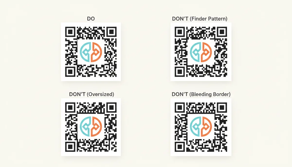 A comparison of four QR codes. The top-left shows a correctly designed QR code with a centered, appropriately sized logo. The other three show common errors: a logo overlapping a finder pattern, an oversized logo, and a logo bleeding into the quiet zone.
