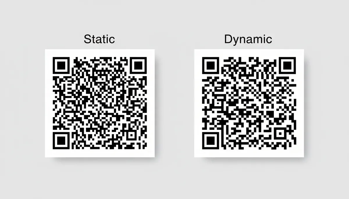 A side-by-side comparison of two QR codes. The 'Static' QR code on the left is dense and crowded, while the 'Dynamic' QR code on the right is sparse with larger modules, illustrating the impact of content length on QR code complexity.