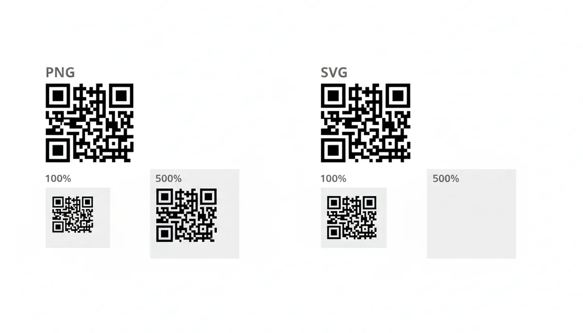 A split image showing a QR code corner. On the left, a PNG zoomed in, showing visible square pixels. On the right, an SVG zoomed in to the same degree, showing perfectly smooth, sharp lines and curves.