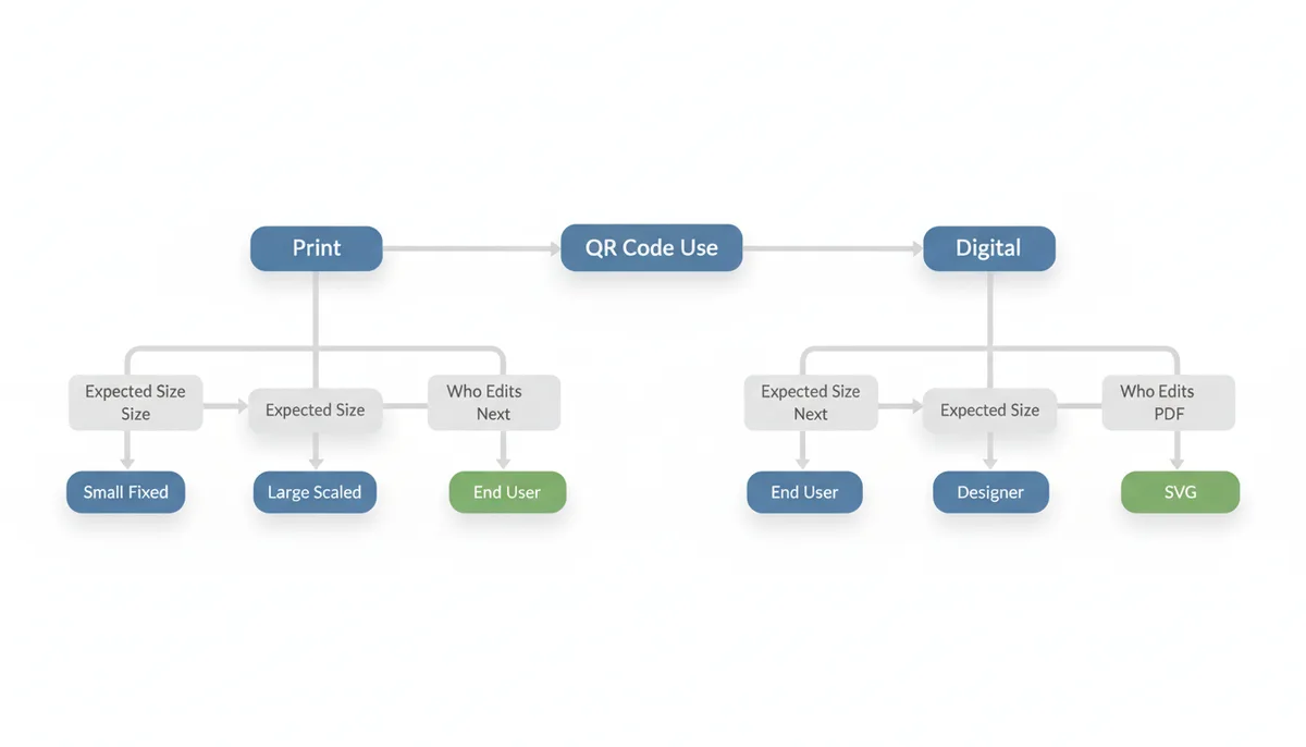 A flowchart for choosing QR code formats. It starts with 'QR Code Use', branches to 'Print' and 'Digital'. Further branches consider 'Expected Size' (e.g., 'Small' or 'Large') and 'Editor' (e.g., 'Designer' or 'User'), leading to final choices of 'PNG', 'SVG', or 'PDF'.