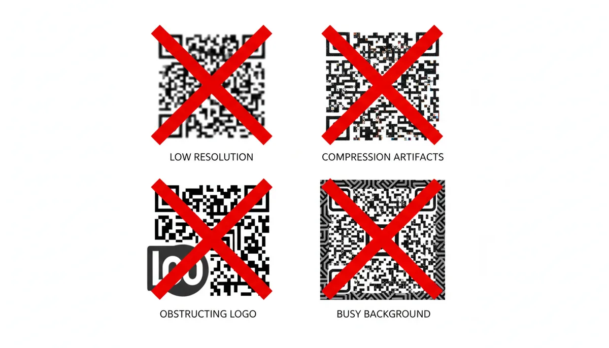 Four examples of failed QR codes. One is blurry, one has JPEG compression artifacts, one has a logo covering part of it, and one lacks a quiet zone on a busy background. Each has a red X over it.