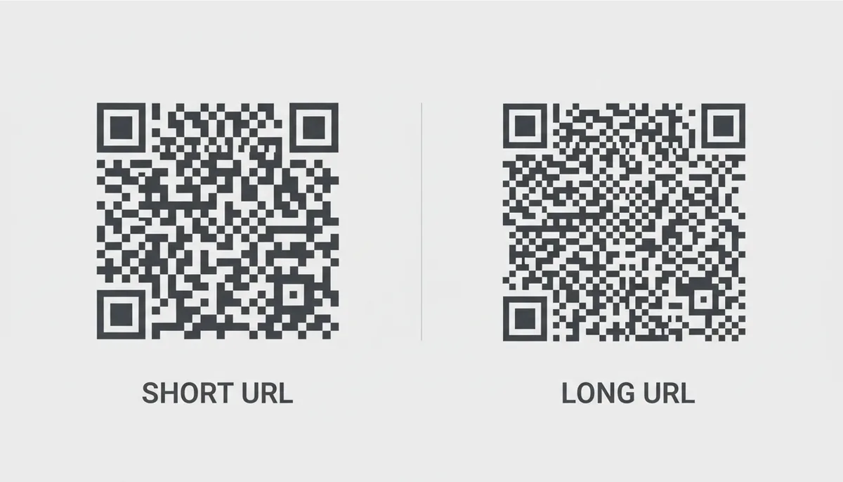 Two QR codes of the same overall size. The left code has fewer, larger squares (modules), indicating a low data density. The right code has many more, smaller squares, indicating high data density. This visually demonstrates how module size changes with data density for a fixed physical size.