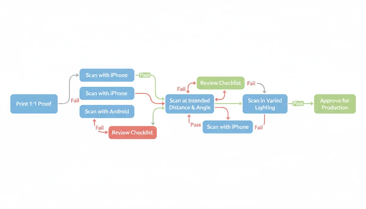 A decision flowchart for QR code pre-production testing. It begins with 'Print 1:1 Proof', then branches to 'Scan with iPhone' and 'Scan with Android'. If successful, it proceeds to 'Scan at Intended Distance & Angle', then 'Scan in Varied Lighting'. If all pass, the final step is 'Approve for Production'. Failure at any stage leads back to a 'Review Checklist' or an earlier testing step.