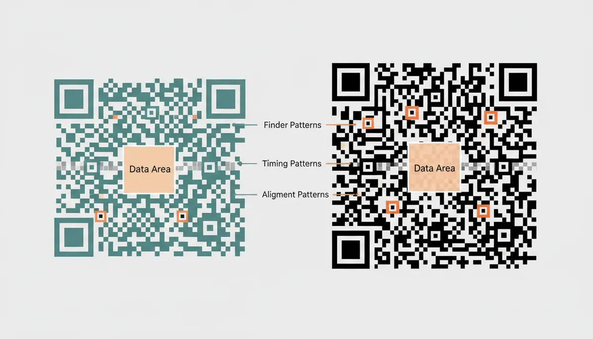 A comparison illustration of two QR codes: a smaller, less dense Version 3 code and a larger, more dense Version 25 code. Key components like finder patterns, timing patterns, alignment patterns, and data areas are highlighted and labeled on both codes, showing how complexity increases with version number.