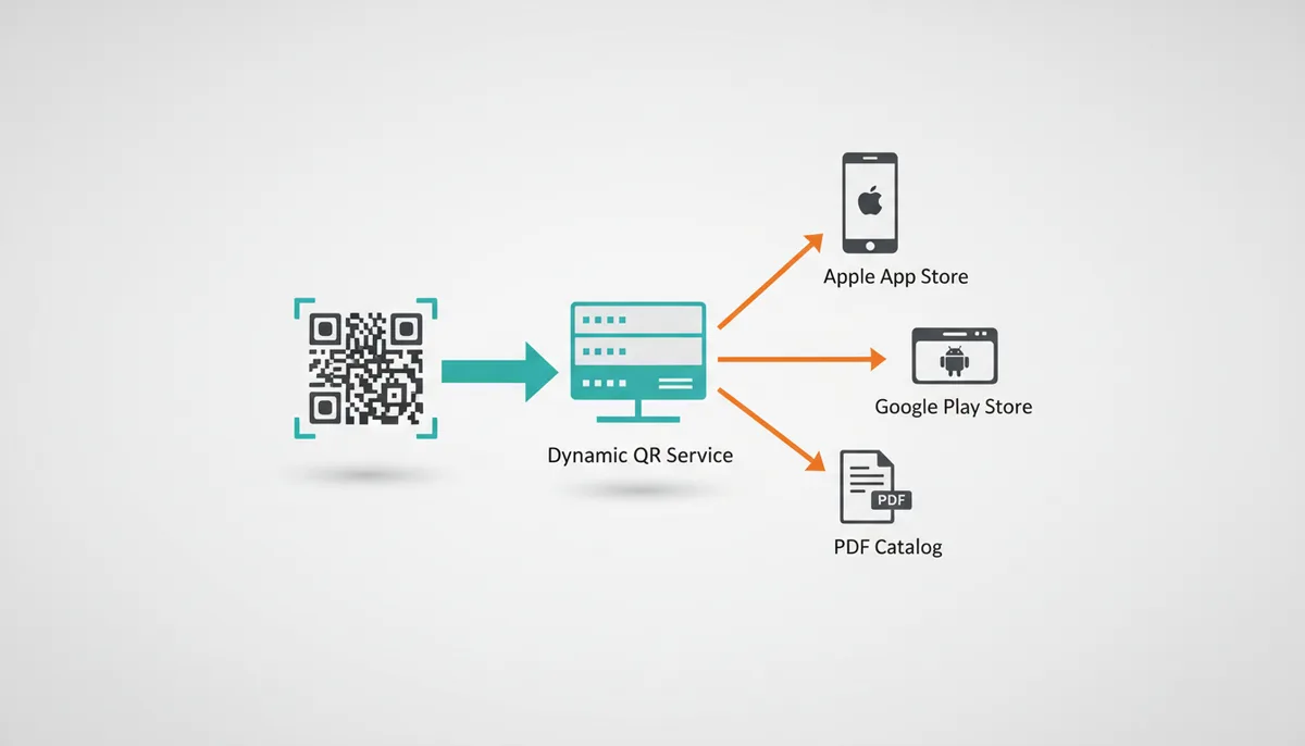 A flow diagram showing a dynamic QR code. When scanned, it connects to a 'Dynamic QR Service' server. The server then directs the user to one of three destinations: 'Apple App Store' (for iPhone users), 'Google Play Store' (for Android users), or a 'PDF Catalog' (for other users), illustrating conditional redirection.