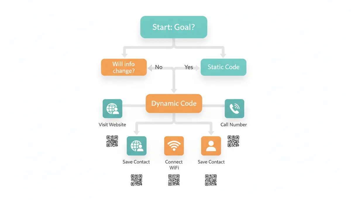 A decision tree flowchart guiding the user to choose the correct QR code type. It starts with 'What is your goal?', then asks 'Will information change?'. 'No' leads to 'Static Code', 'Yes' leads to 'Dynamic Code'. Both paths then branch to specific actions like 'Visit Website', 'Save Contact', 'Connect WiFi', or 'Call Number', each leading to a QR code icon.