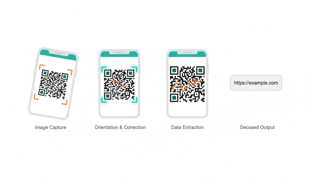 A four-panel illustration showing the QR code scanning process: 1) A smartphone camera view capturing a skewed QR code. 2) The QR code is geometrically corrected and aligned, with finder patterns highlighted. 3) A close-up of the QR code's data area, showing a zigzag path of data extraction. 4) A text box displaying the decoded output, 'https://example.com'.