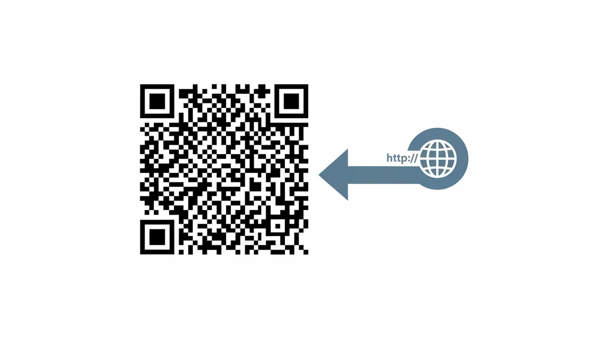 An illustration of a static QR code. A black and white QR code has an arrow pointing directly from it to a small icon representing a website, indicating a direct, unchangeable link to a destination.