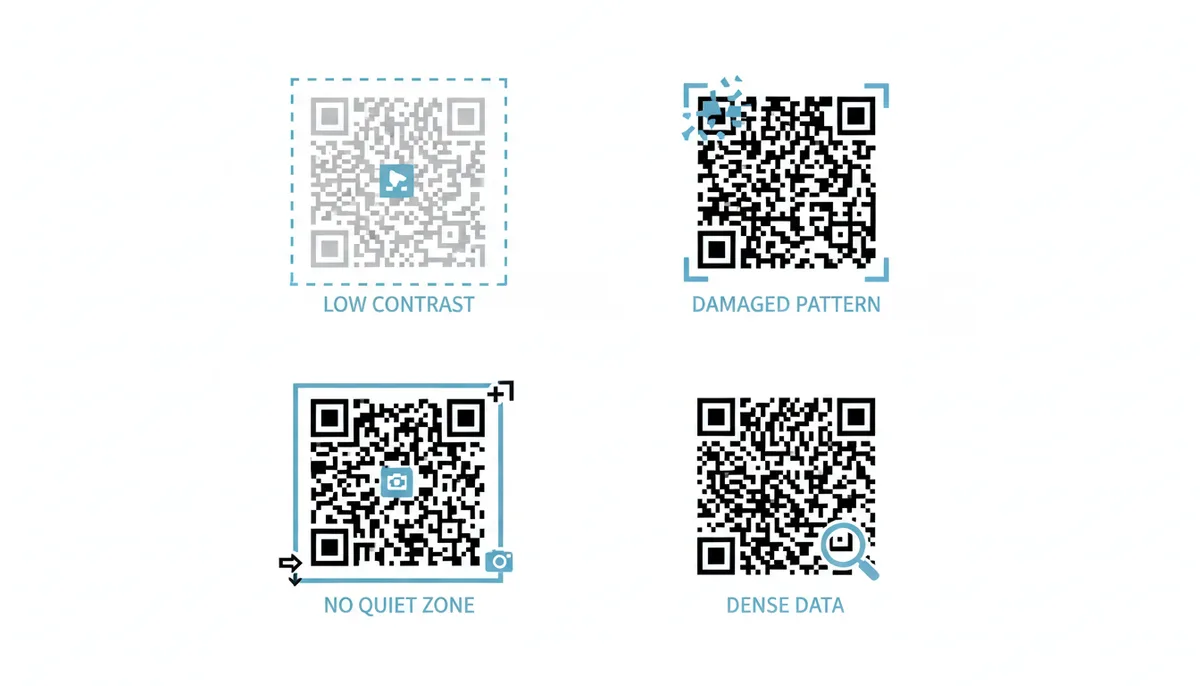 Four examples of QR code failures: a low-contrast QR code, a QR code with a damaged corner pattern, a QR code with elements too close to its edge (inadequate quiet zone), and an overly dense, cluttered QR code.